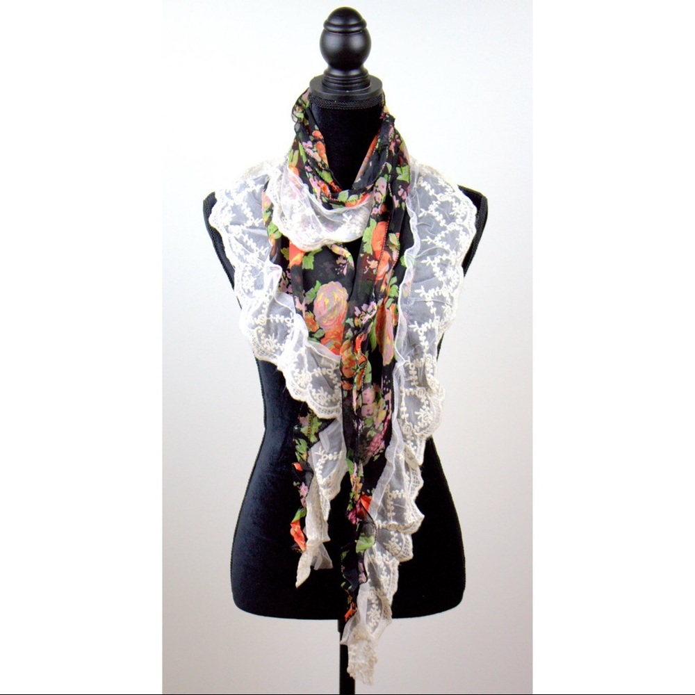 Black Floral Lace Ruffle Scarf